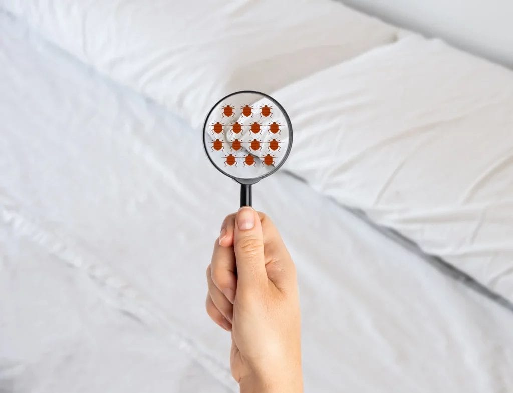 main avec une loupe détectant des punaises de lit