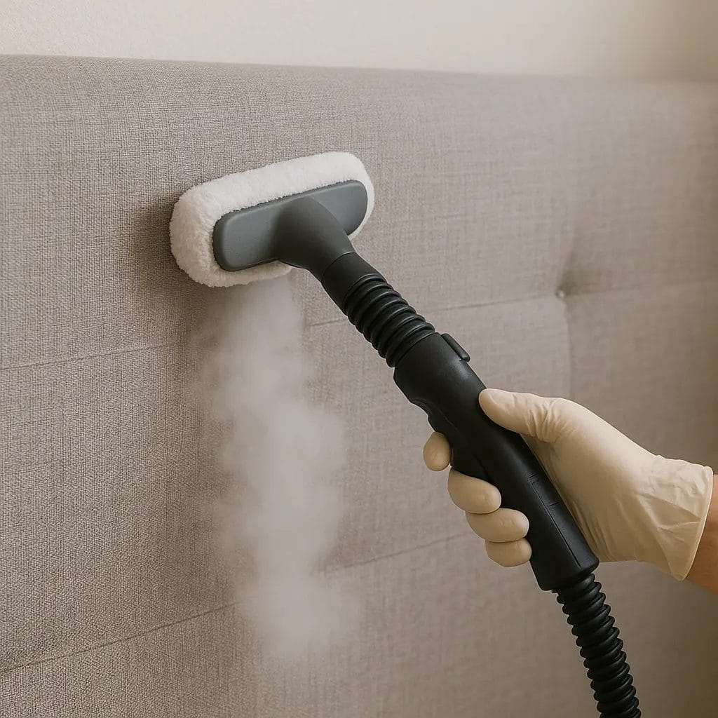 Nettoyage vapeur d'une tête de lit en tissu