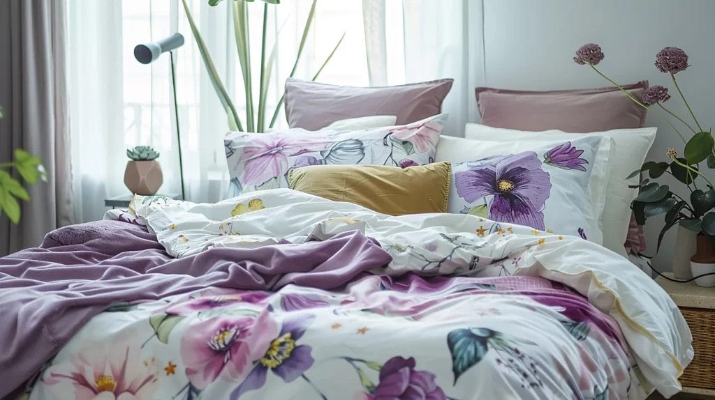 Lit avec draps floraux violets et roses dans une chambre lumineuse et cosy.