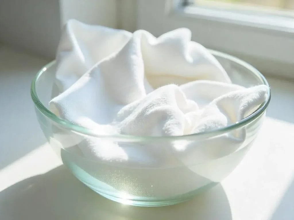 Gros plan sur des draps en lin blanc lavés dans un saladier en verre transparent avec du percarbonate de soude