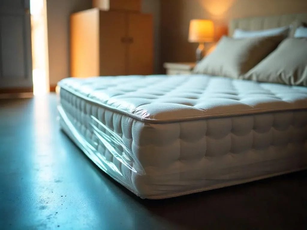 Gros plan sur un matelas en train d’être enveloppé dans un film plastique transparent pour un déménagement.