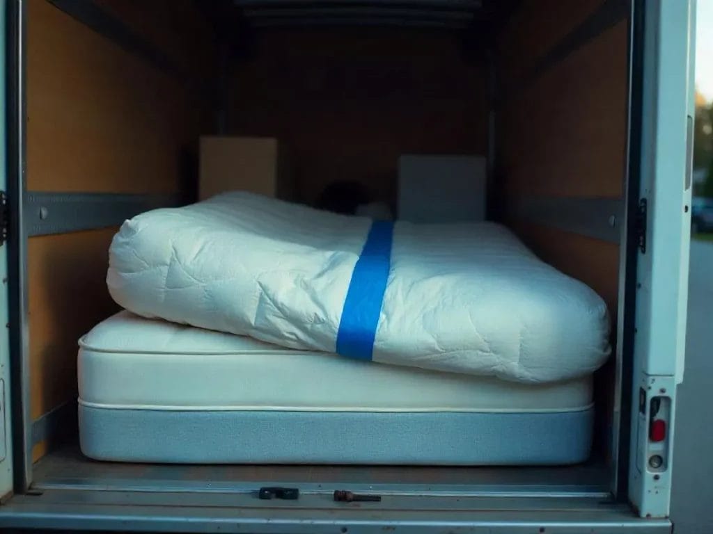Un matelas partiellement recouvert d'une couverture de déménagement, fixé avec du ruban adhésif bleu, à l'intérieur d'un camion de déménagement encombré.