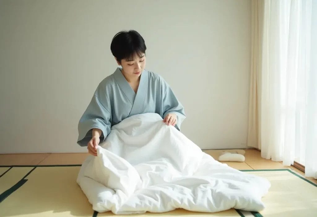 Femme en kimono pliant une couette blanche dans une pièce japonaise lumineuse.