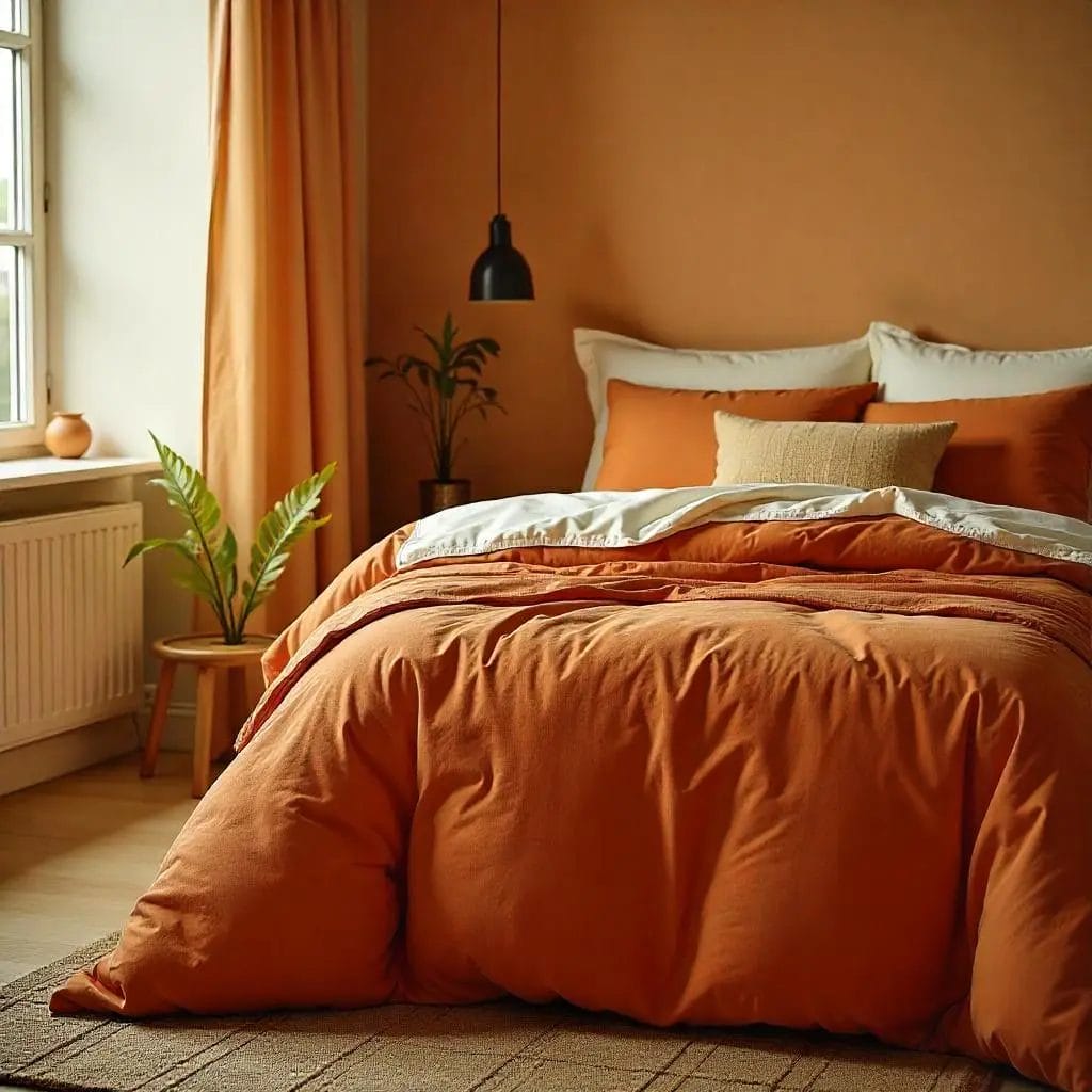 Une parure terracotta pleine de chaleur et de style. Couleurs enveloppantes, matières naturelles et plantes vertes pour une chambre à l’ambiance vivante et cosy.