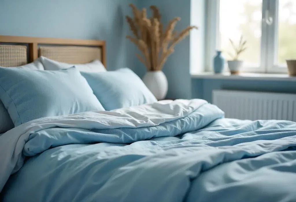 Une parure en bleu ciel pour une ambiance fraîche et apaisante. Textiles doux, lumière naturelle, et quelques touches végétales pour un cocon tout en légèreté.
