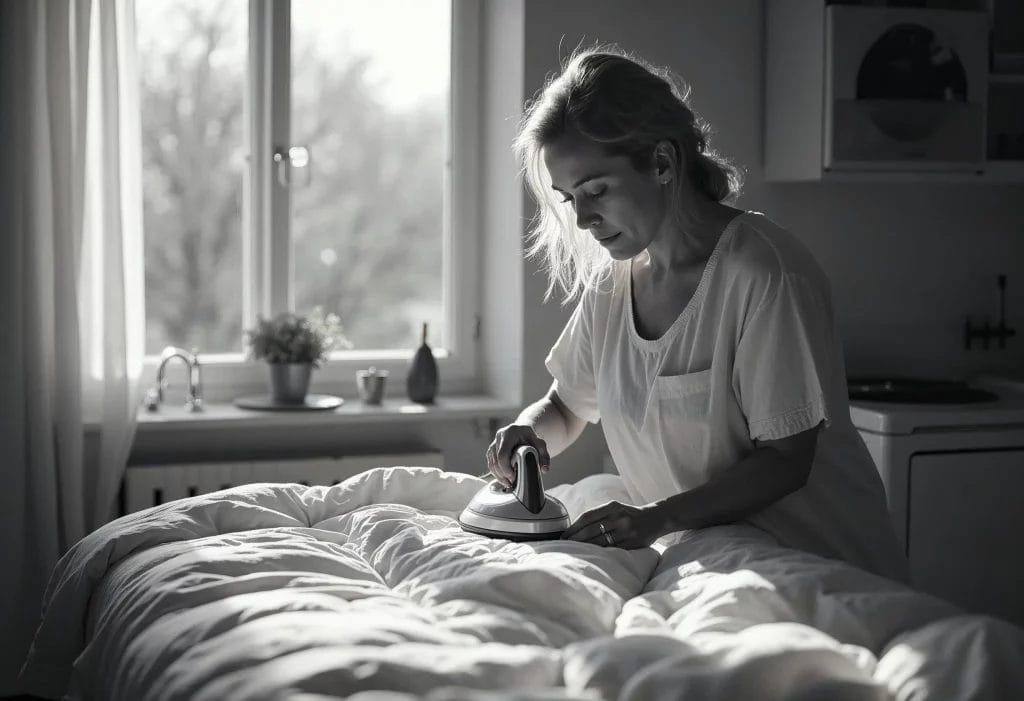 Femme repassant une couette dans une buanderie lumineuse au lever du soleil.
