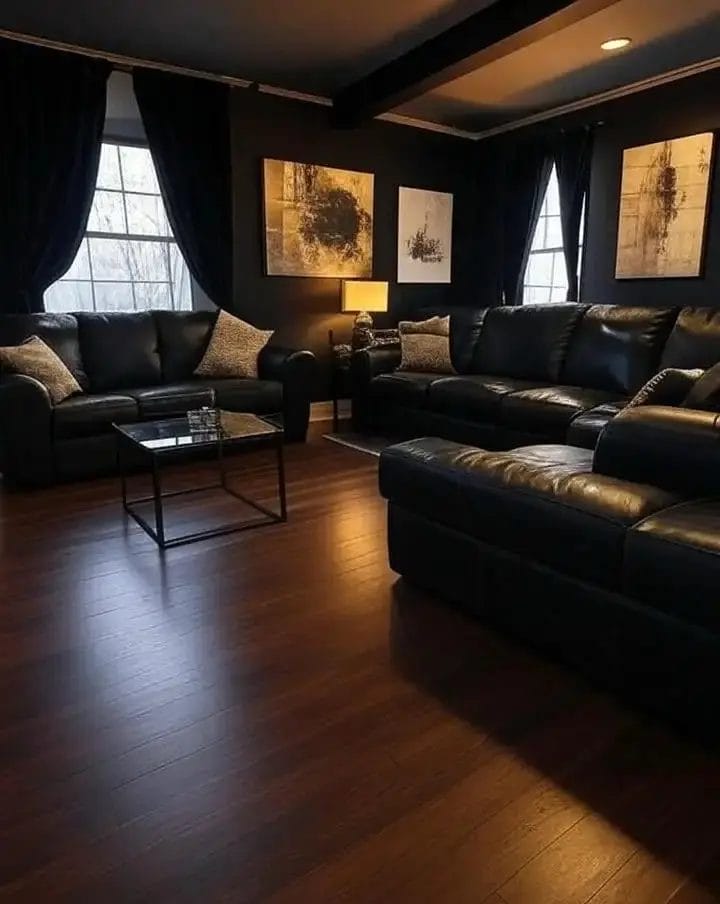 Salon noir avec de la luminosité