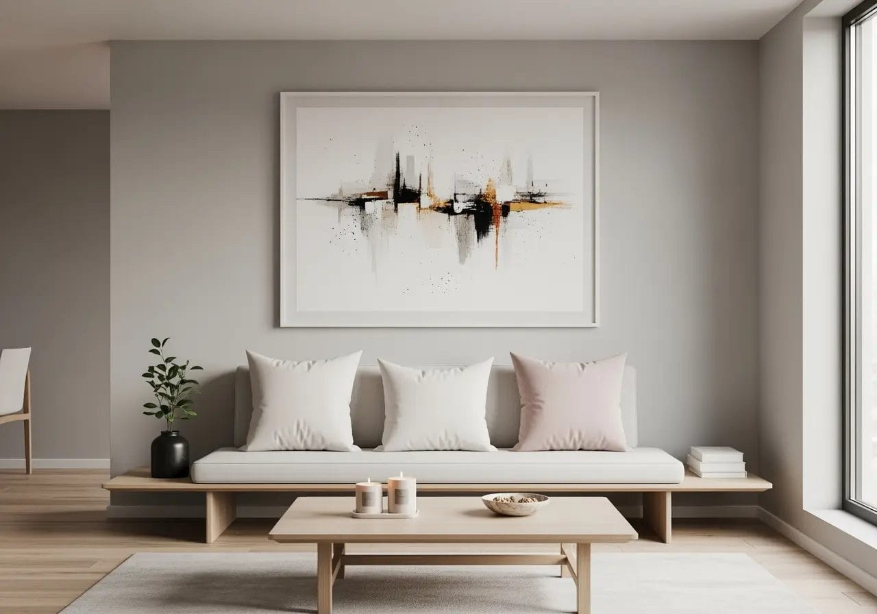 Salon moderne et épuré avec une décoration minimaliste et équilibrée.