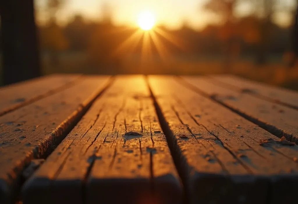Surface en bois ternie par le temps, exposée au soleil, avec une légère couche de poussière visible sur les veines du bois