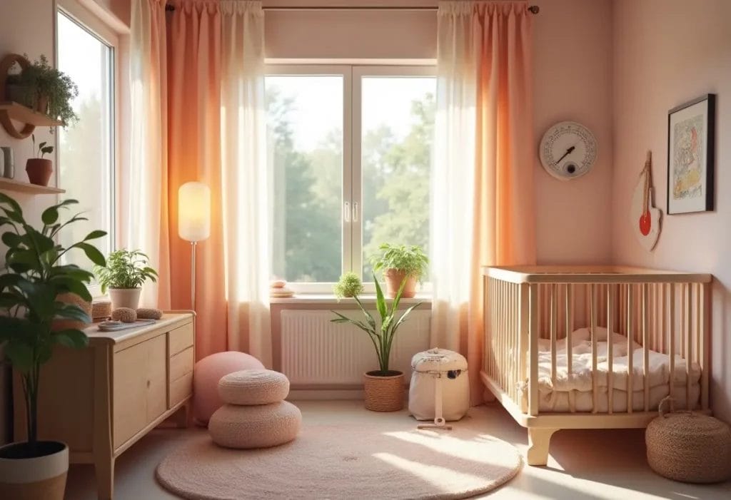 Chambre lumineuse et apaisante avec rideaux épais, plantes vertes, veilleuse LED et mobilier en bois clair, sans présence humaine.