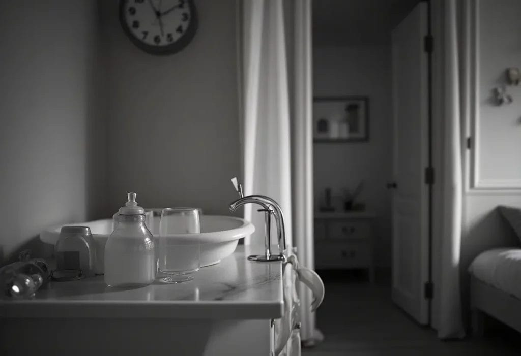 Plan serré d’une salle de bain apaisante, avec une petite bassine blanche, un biberon, un verre d’eau et un robinet sur un meuble en marbre, dans une ambiance tamisée et calme.