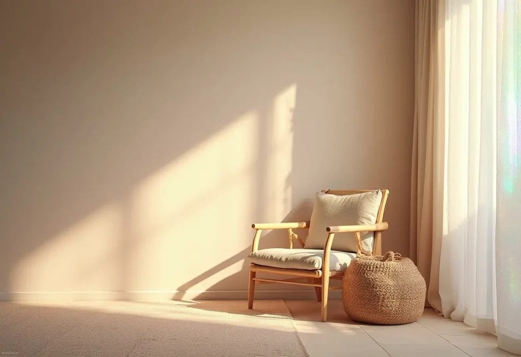 Coin détente estival avec fauteuil en bois clair baigné de lumière naturelle.