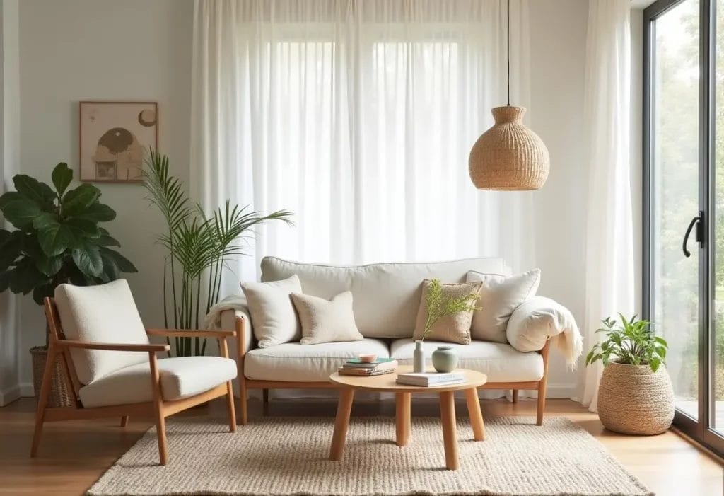 Salon lumineux au style scandinave avec canapé et fauteuil en bois clair, coussins beiges, table basse ronde, plantes vertes, suspension en osier et grande baie vitrée laissant entrer la lumière naturelle.