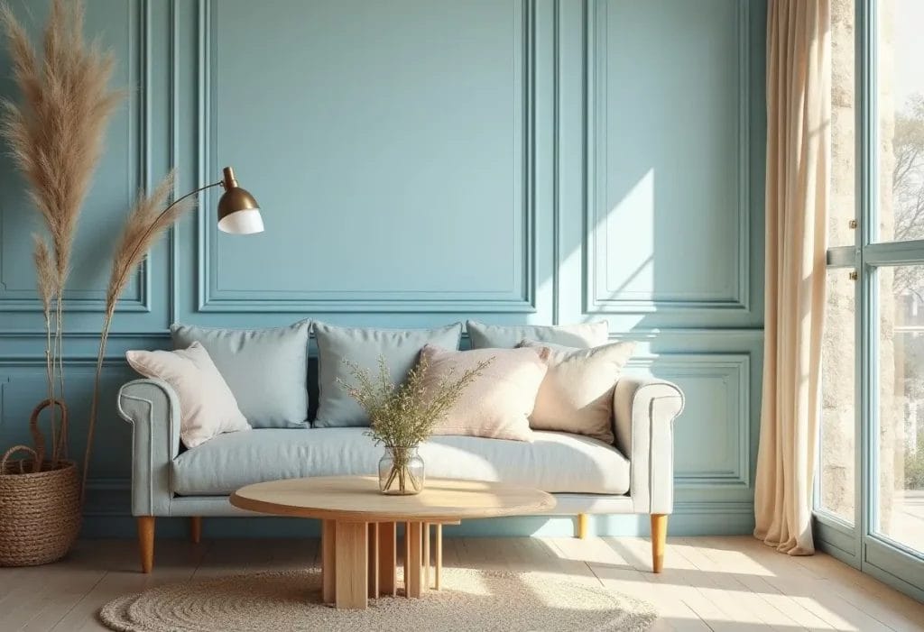 Salon estival avec canapé bleu pastel, lumière naturelle et déco végétale.