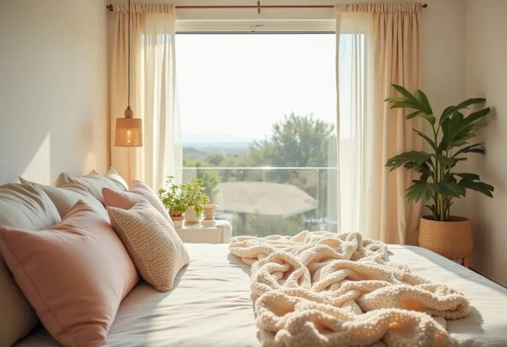 Chambre d'été lumineuse avec coussins pastel, plaids texturés et vue sur la nature.