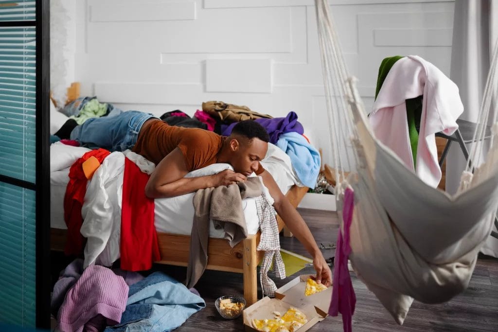 Style de vie d'une personne vivant dans un intérieur en désordre