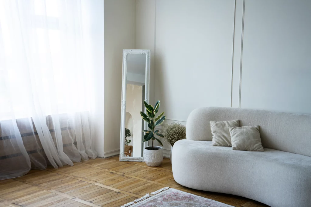 Décor intérieur avec miroir et plante en pot