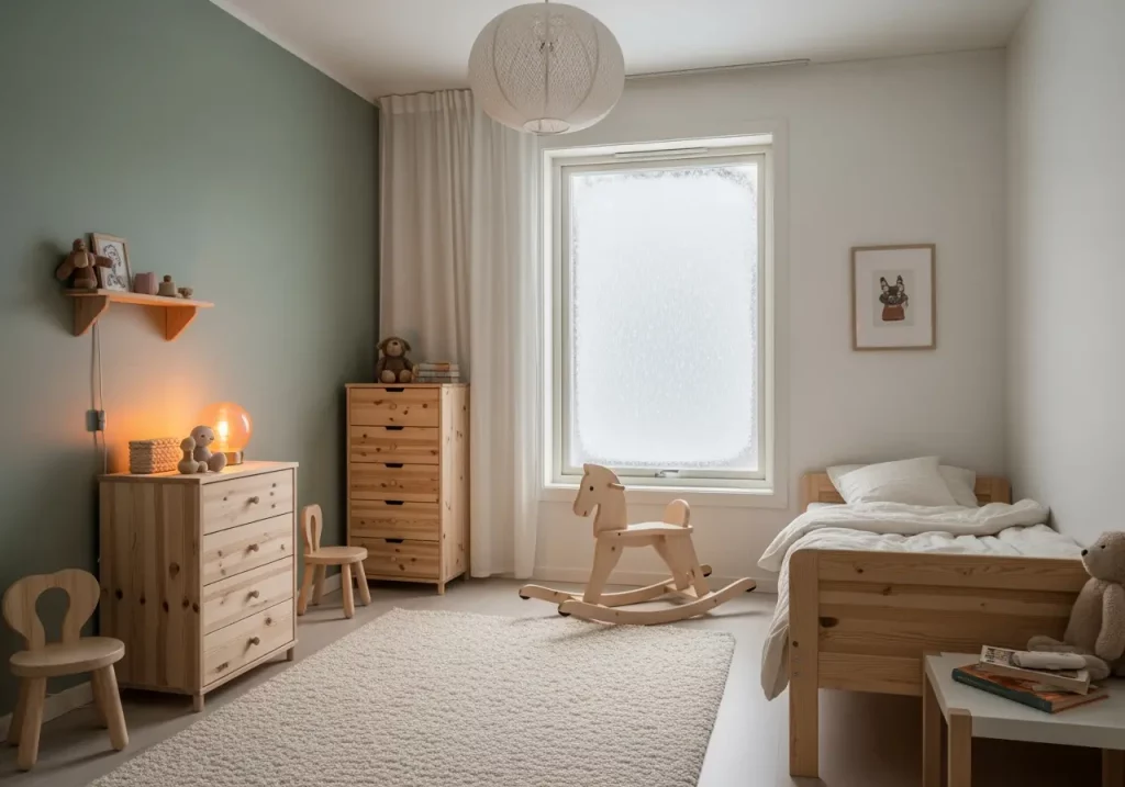 Chambre d’enfant cocooning avec mobilier en bois clair, murs vert sauge et blanc cassé, tapis épais en laine et jouets naturels.