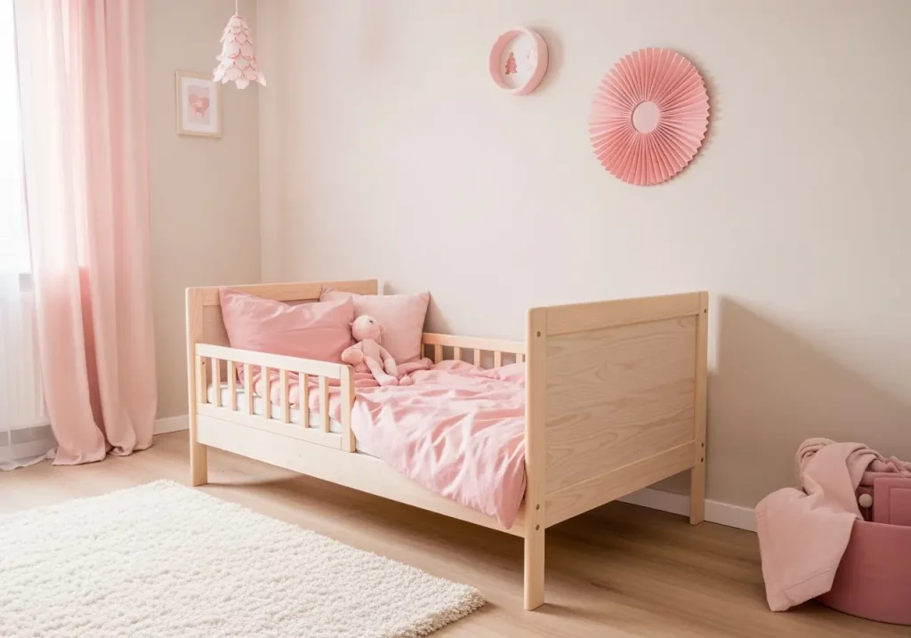 Chambre d’enfant décorée dans des tons beige et vieux rose : murs beige clair, lit enfant en bois clair avec linge de lit rose poudré, tapis moelleux crème, ambiance douce et féminine.