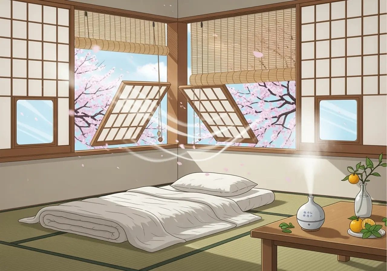 Dessin illustrant les techniques japonaises pour rafraichir sa chambre