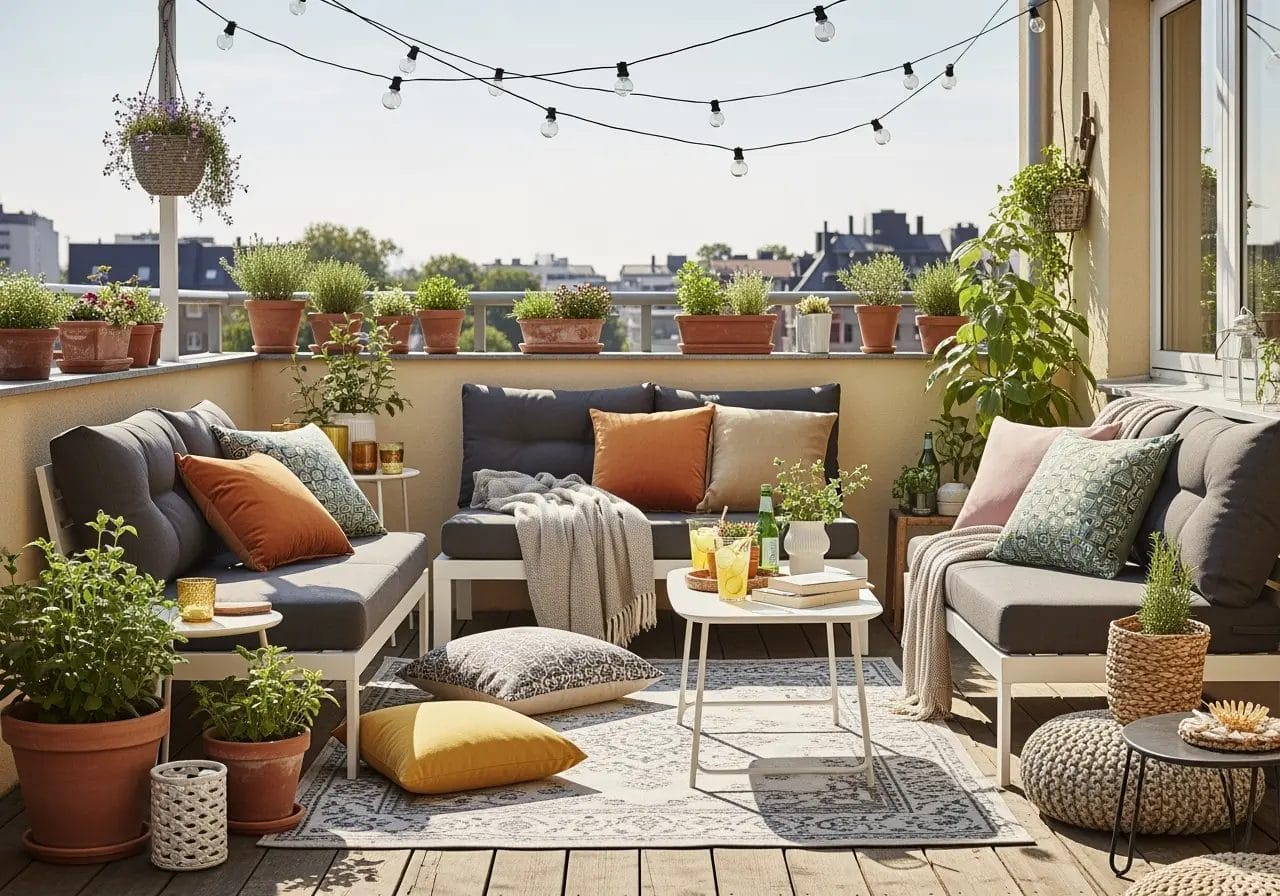 Terrasse chaleureuse et végétalisée avec canapés, coussins colorés, plantes en pots et guirlande lumineuse.Demander à ChatGPT
