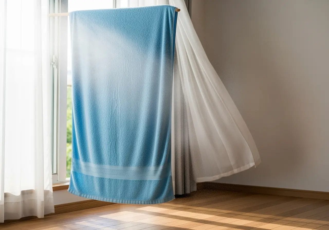 Serviette humide bleue placée devant une fenêtre entrouverte dans une chambre