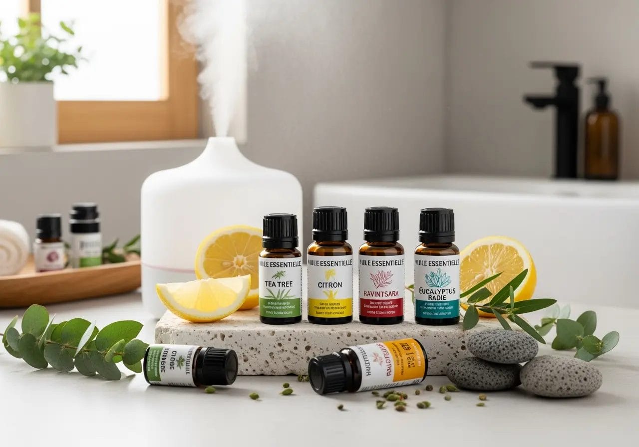 Huiles essentielles et brumisateur permettant la désodorisation dans la salle de bain