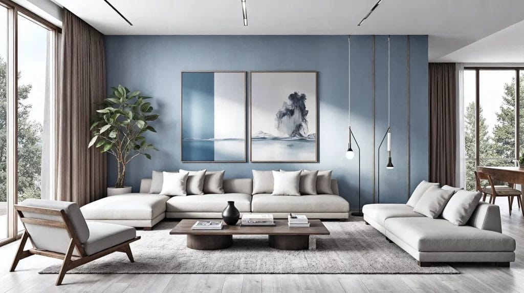 Salon moderne et épuré avec canapé beige, mur bleu pastel, grande baie vitrée et décoration minimaliste