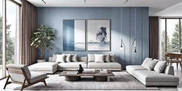Salon moderne et épuré avec canapé beige, mur bleu pastel, grande baie vitrée et décoration minimaliste