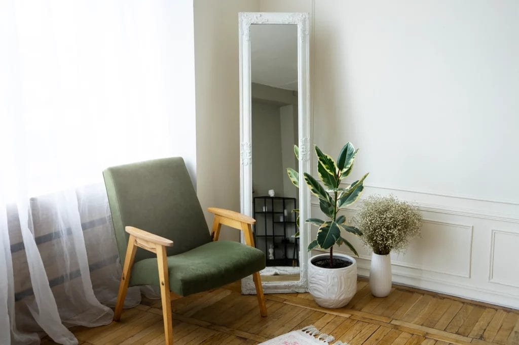 Décoration intérieure avec miroir et plante en pot
