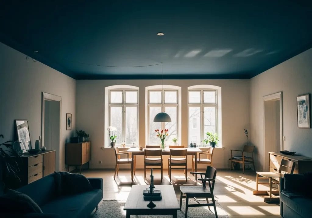 Un plafond bleu nuit dans une grande pièce à hauts plafonds, avec murs clairs et mobilier contemporain.