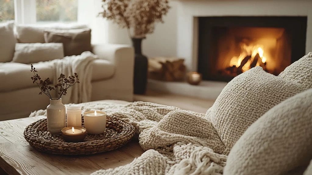 Ambiance cocooning dans un salon scandinave avec plaid en maille, bougies allumées et feu de cheminée.