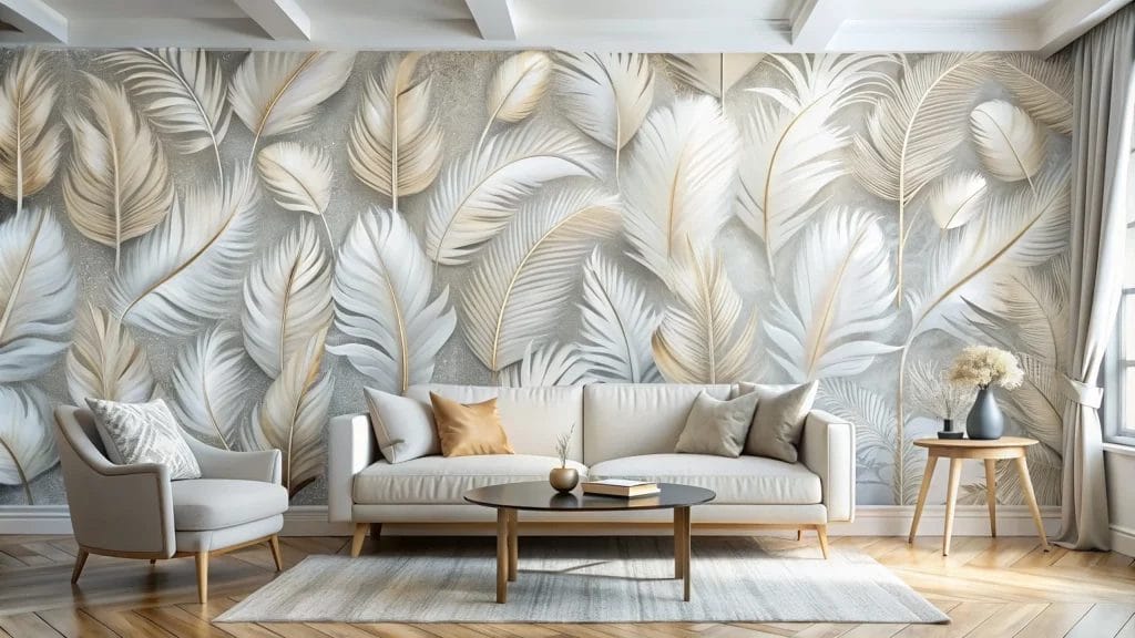 Salon moderne avec canapé beige et papier peint panoramique à motifs de plumes