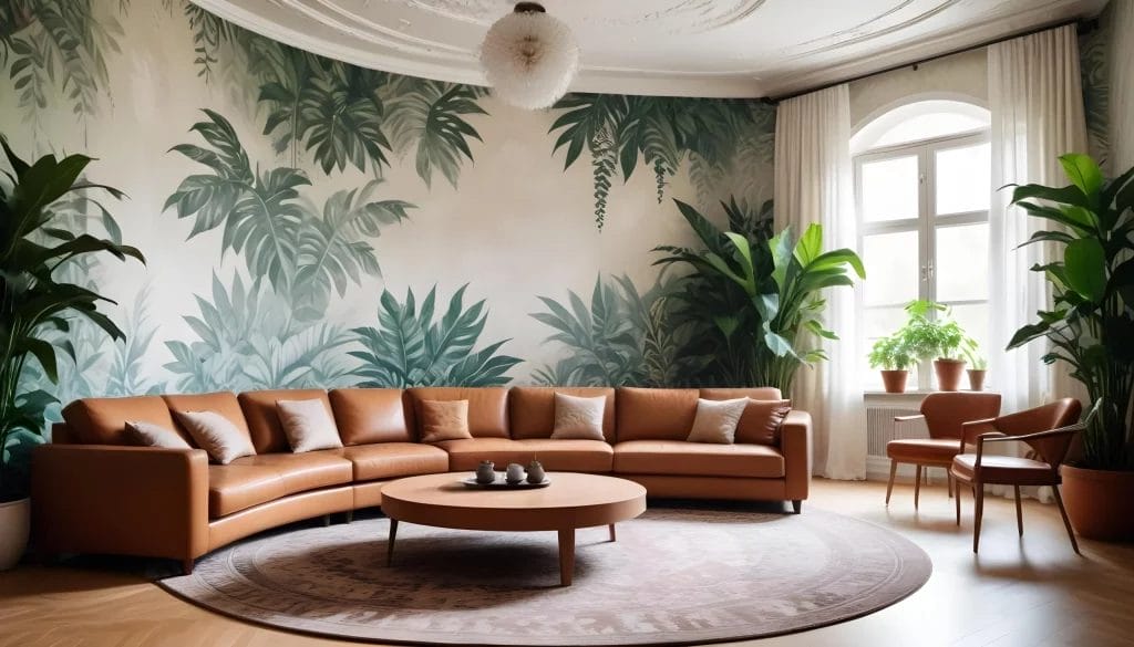 Salon moderne avec canapé en cuir et papier peint panoramique jungle végétale